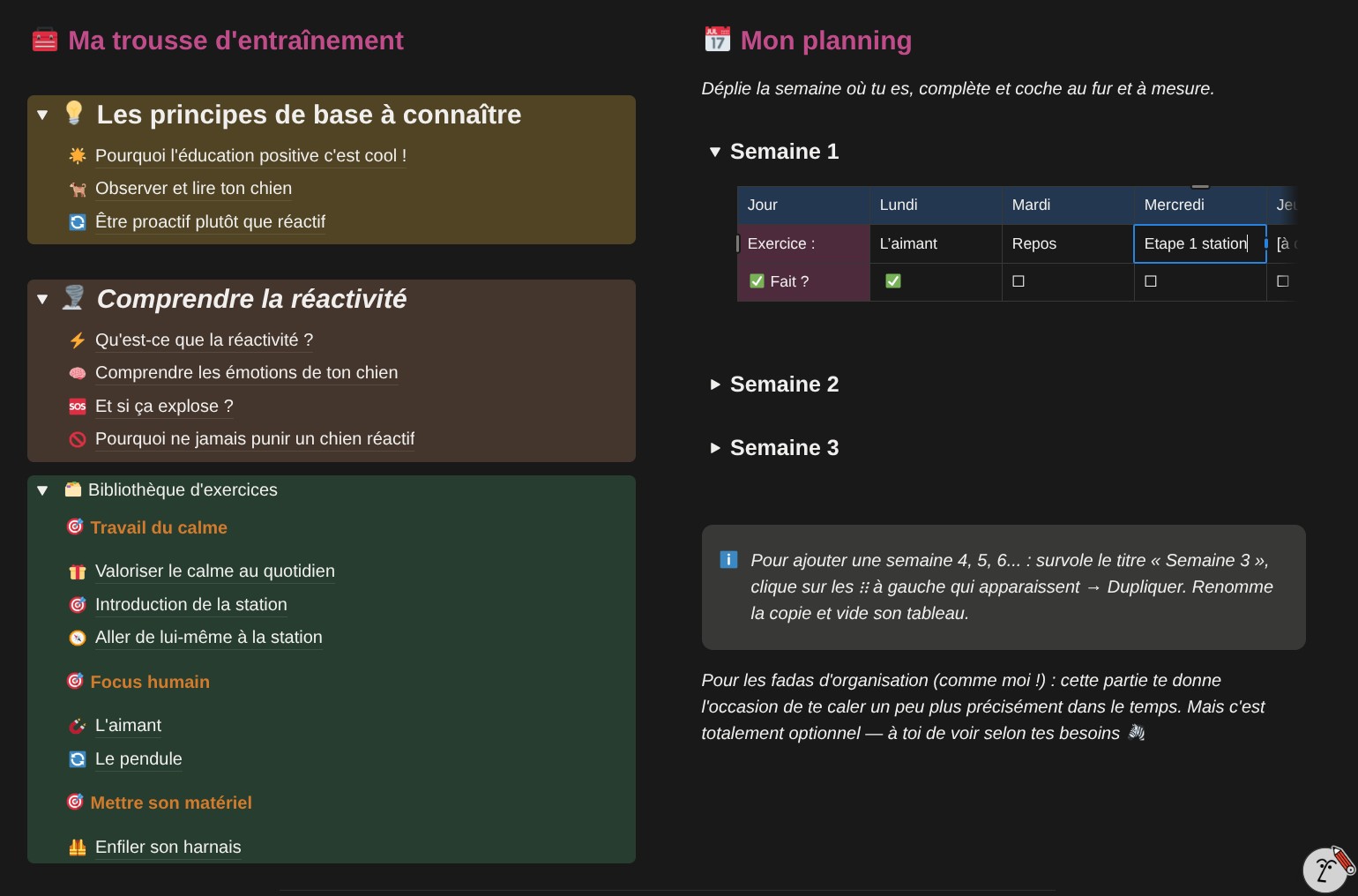 Aperçu d'un espace Notion client : trousse d'entraînement, principes de base, bibliothèque d'exercices et planning