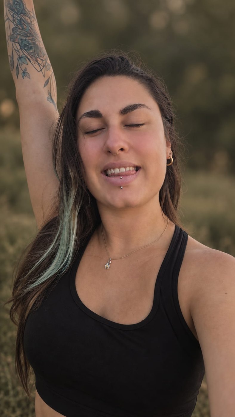 Sosso, bras levé, yeux fermés et tirant la langue, en pleine nature